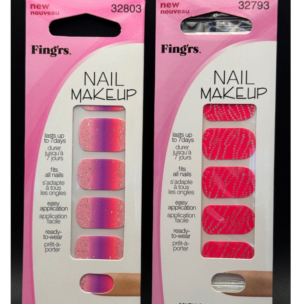 Fingrs Nail Makeup Full Cover Strips 2 Styles Pink‎ Purple Ombre Glitter Sparkle